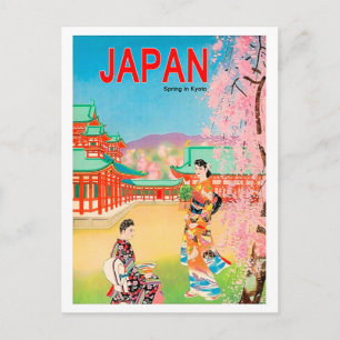 Carte Postale Temple japonais au printemps, filles geishas en pr