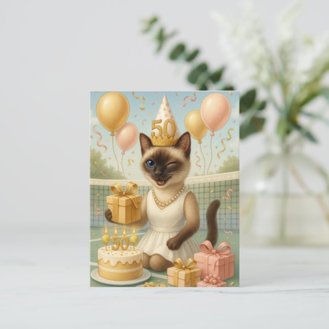 Carte Postale Tennis 50e anniversaire pour les amoureux des chat (Debout devant)