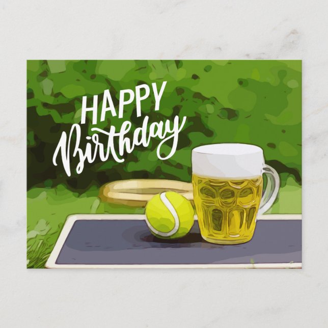 Carte Postale Tennis Anniversaire avec bière et raquette à balle (Devant)