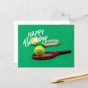 Carte Postale Tennis balle et raquette sur verte Joyeuse voiture
