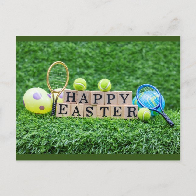 Carte Postale Tennis Joyeux Pâques avec boule raquette et oeufs  (Devant)