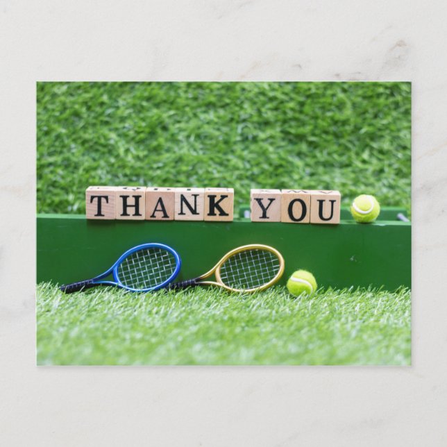 Carte Postale Tennis Merci mot en bois avec raquette et balle (Devant)