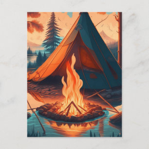 Carte Postale Tente et feu de camp Couleurs Vintages Art