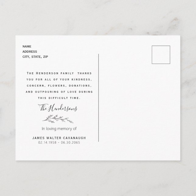 Carte Postale Terracotta Foliage Funérailles Merci Nom et date (Dos)