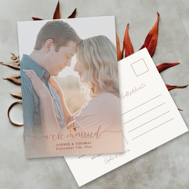 Carte Postale Terracotta Foliage Photo Elopement Faire-part (Elopement Postcard Fall Autumn Wedding Photo Elegant Calligraphy Modern Simple Classy Terracotta)