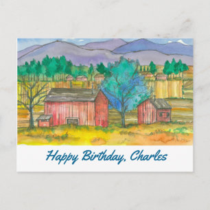 Carte Postale Terrain agricole Red Barns Joyeux Anniversaire Nom