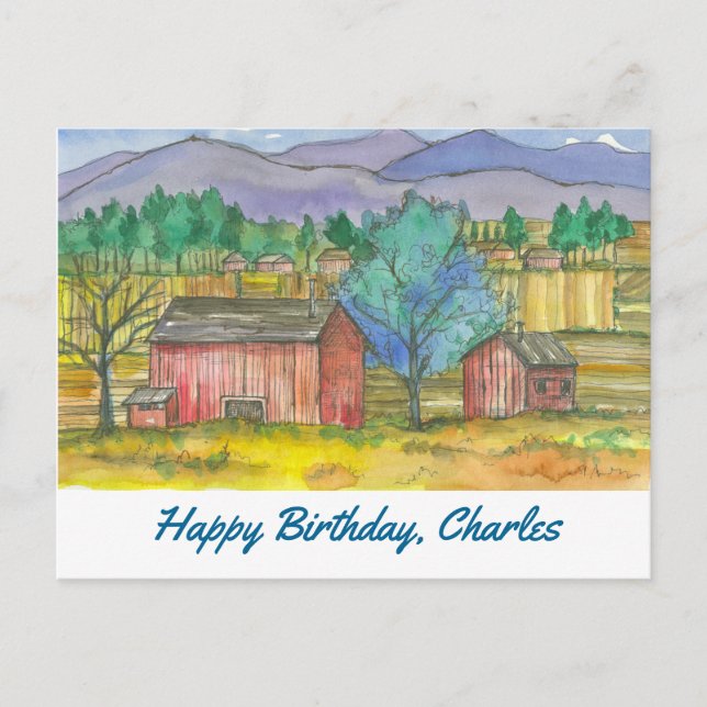 Carte Postale Terrain agricole Red Barns Joyeux Anniversaire Nom (Devant)