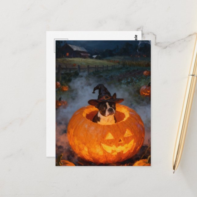 Carte Postale Terrier de Boston Halloween (Devant/Arrière en situation)