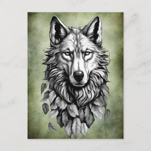 Carte Postale tête de loup animal feuille dessin d'art original