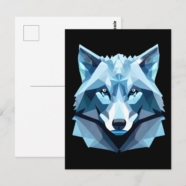 Carte Postale Tête de loup géométrique bleue (Devant / Derrière)