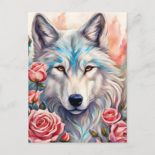 Carte Postale tête de loup roses roses animal peinture
