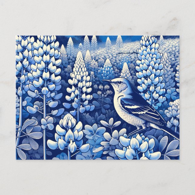 Carte Postale Texas Bluebonnets et Northern Mockingbird Texan (Devant)