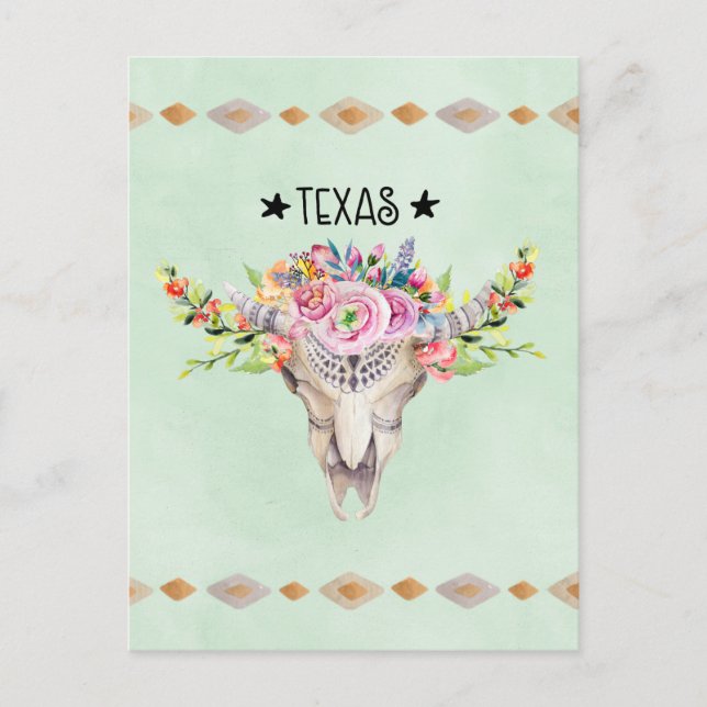 Carte Postale Texas Boho Crâne de vache avec fleurs chic tendanc (Devant)