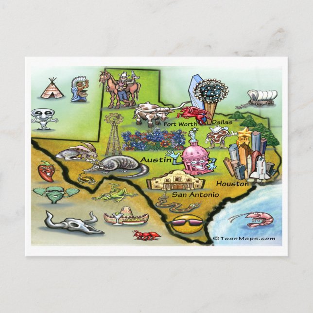 Carte postale Texas Cartoon Map (Devant)