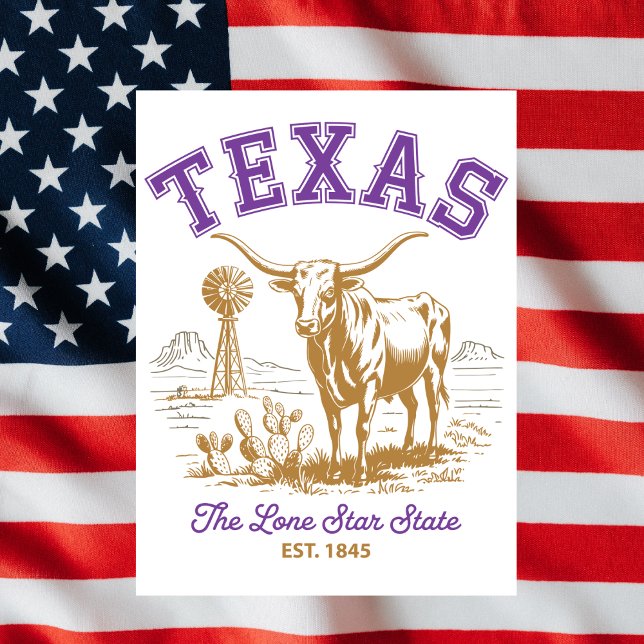Carte Postale Texas Lone Star State Illustration de taureau Voya (Texas Lone Star State Bull Illustration Travel Postcard
)