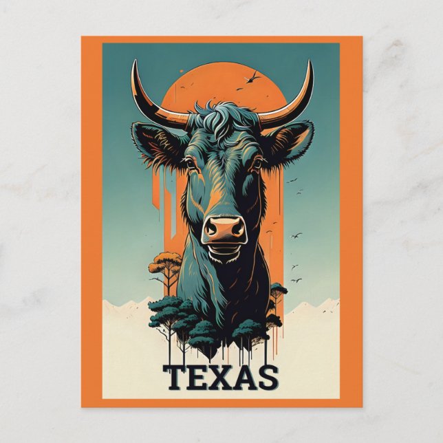 Carte Postale Texas Stylisé Retro Bull Travel (Devant)