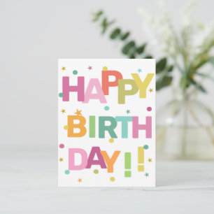 Carte Postale Texte coloré Confetti et étoiles Joyeux anniversai
