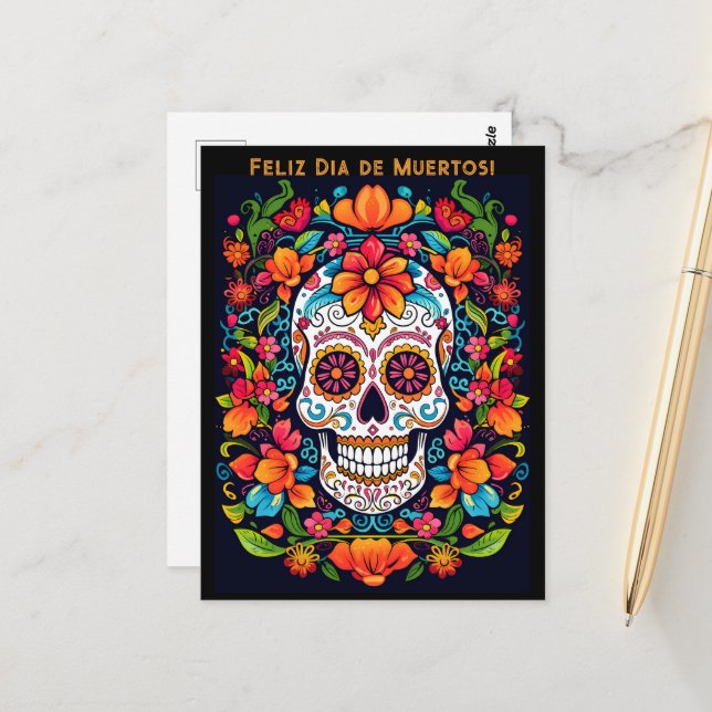 Carte Postale Texte personnalisé Dia de Muertos☠️ Crâne en Sucre (Devant/Arrière en situation)