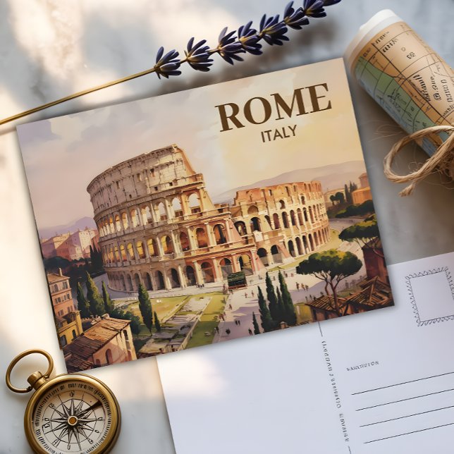 Carte Postale Texte Personnalisé Rome Italie Colisée Rétro Aquar (Créateur téléchargé)