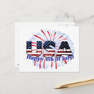 Carte Postale Texte USA drapeau scintille feux d'artifice Joyeux