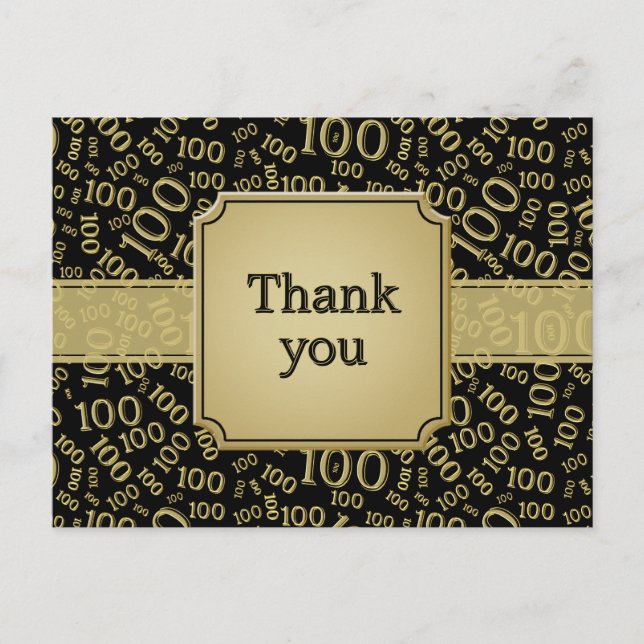 Carte Postale Thank You 100th Birthday Number Pattern Gold/Black (Devant)