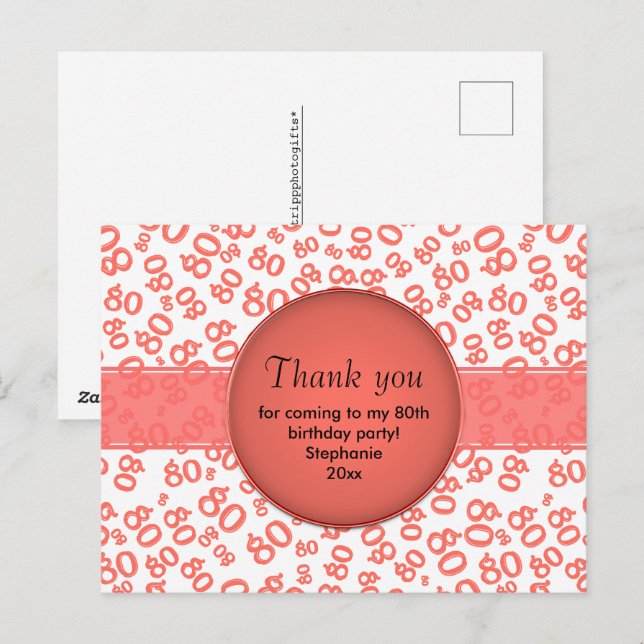 Carte Postale Thank You: 80th Coral/White Number Pattern (Devant / Derrière)