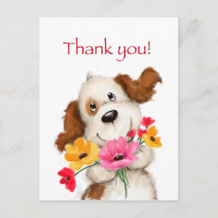 Carte Postale Thank you, cute dog with flowers.