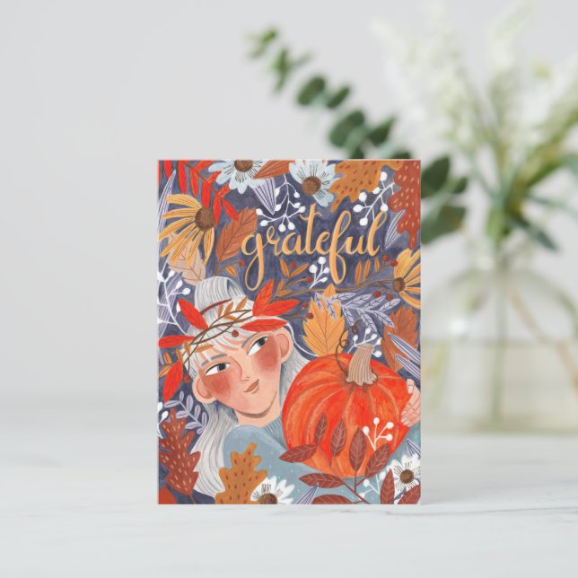 Carte Postale Thanksgiving feuilles d'automne reconnaissante fil (Debout devant)