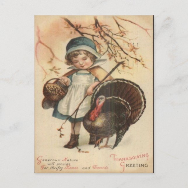 Carte Postale Thanksgiving - Pilgrim Girl & Turkey 1910 (Devant)