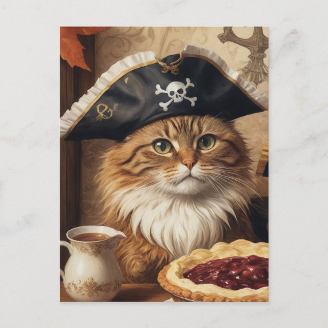 Carte Postale Thanksgiving Pirate Chat Avec Tarte (Devant)