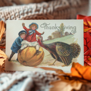 Carte Postale Thanksgiving Vintage dinde Citrouille enfants