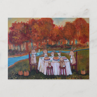 Carte Postale Thé de l'automne Famille de lapins