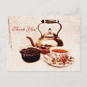 Carte Postale thé en laiton, une tasse de thé et un réservoir de