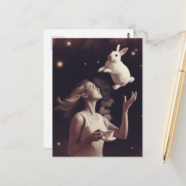 Carte Postale Thé surréaliste avec lapin blanc (Devant/Arrière en situation)