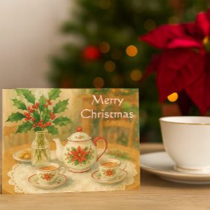 Carte Postale Théière rouge de Noël au poinsettia