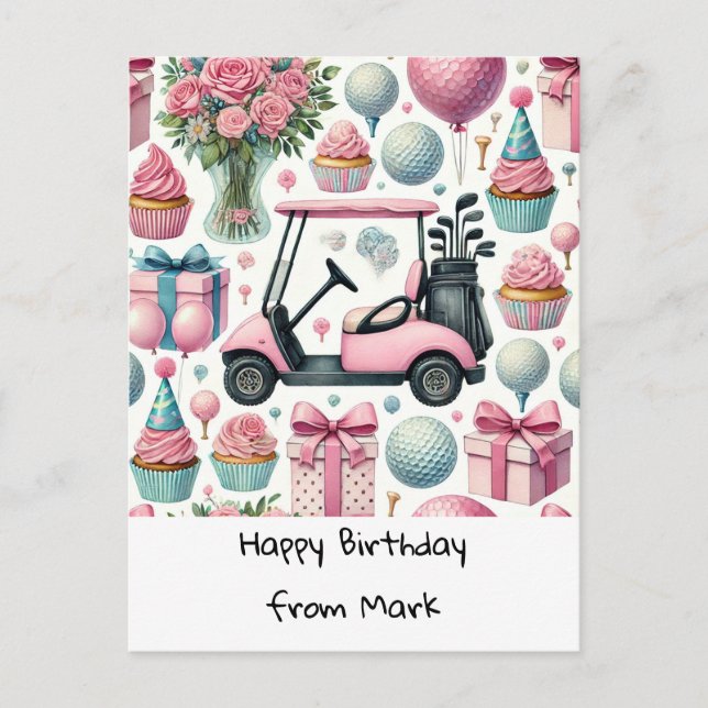 Carte Postale Thème d'anniversaire GOLF rose pour golfeuse (Devant)