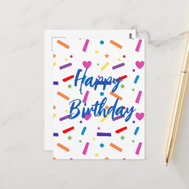 Carte Postale Thème de fête d'anniversaire aux douces paillettes (Devant/Arrière en situation)