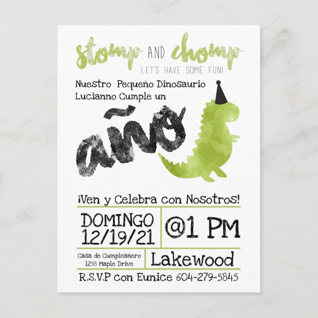 Carte Postale Thème Dinosaur Petit Dino espagnol Boy Stomp (Devant)