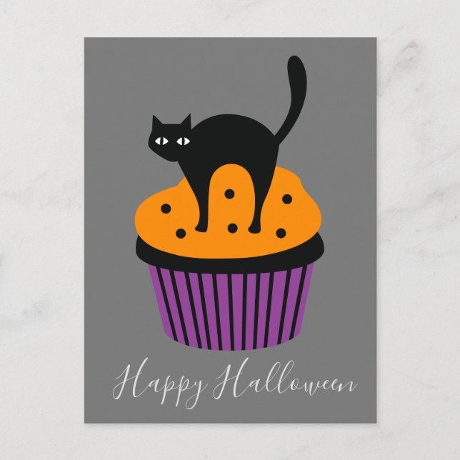 Carte Postale Thème Halloween orange chat noir (Devant)
