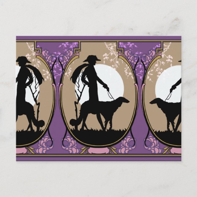 Carte Postale Theresa en Brown & Plum - Dame Art déco avec chien (Devant)