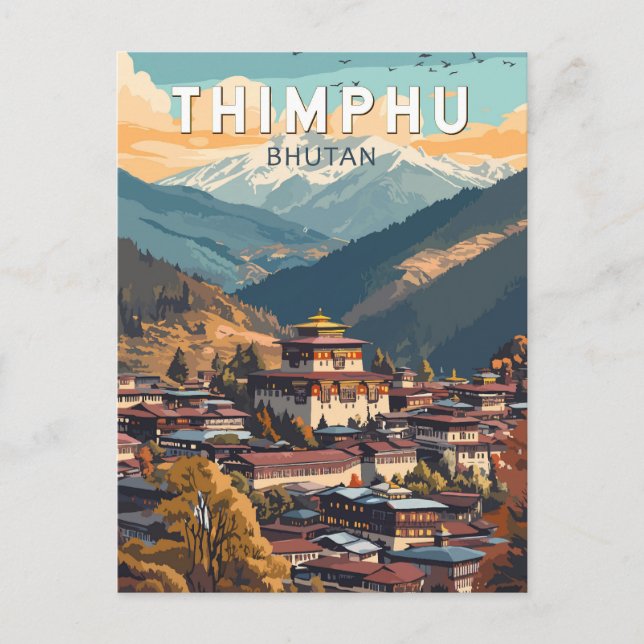 Carte Postale Thimphu Bhoutan Illustration Voyage Art Rétro (Devant)