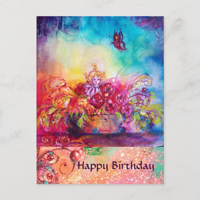 CARTE POSTALE THUMBELINA, PANIER À FLEURS ET BOUTEILLE (Devant)