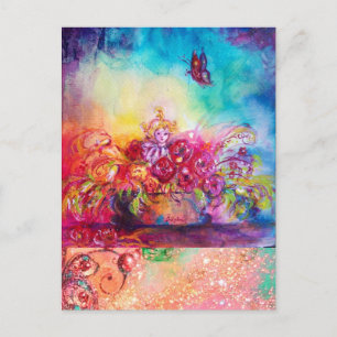 CARTE POSTALE THUMBELINA, PANIER À FLEURS ET BOUTEILLE