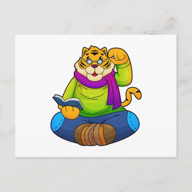 Carte Postale Tiger Nerd avec Livre (Devant)