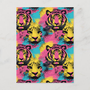 Carte Postale Tiger Pop Art Motif en rose, jaune et bleu