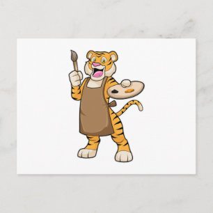 Carte Postale Tigre à la peinture avec peinture et pinceau
