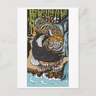 Carte Postale Tigre, aigle et serpent combattent. Art graphique