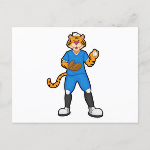 Carte Postale Tigre au baseball avec gant et casquette de baseba