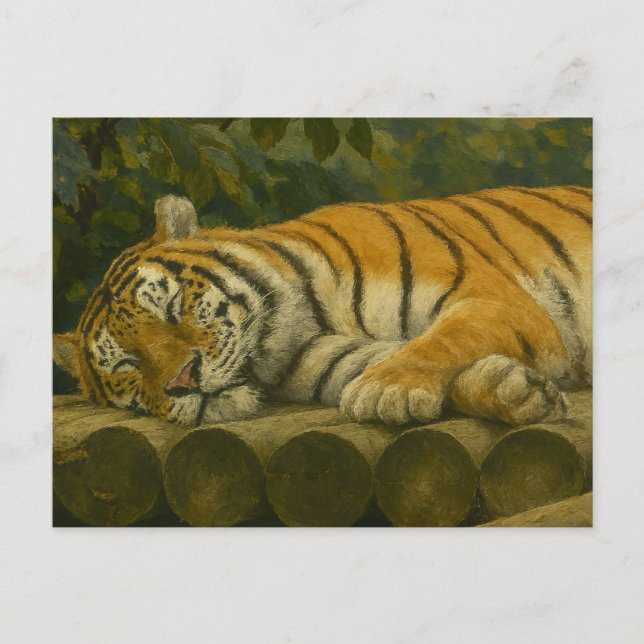 Carte Postale Tigre dormant sur les billes en bois (Devant)