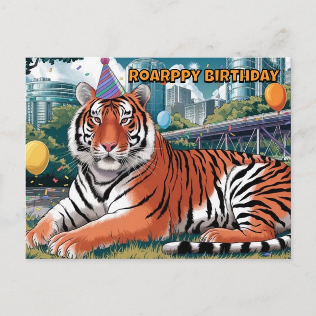 Carte Postale tigre du Bengale portant un chapeau d'anniversaire (Devant)
